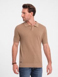 Męska bawełniana koszulka polo ze strukturalnej dzianiny – jasnobrązowa V3 OM-POSS-0117 - XXL. Brązowe koszulki polo męskie Ombre Clothing, l, bez wzorów, z bawełny, bez ramiączek. W wyprzedaży za 99.99 zł.