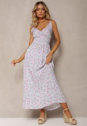 Jasnoniebieska Bawełniana Sukienka na Cienkich Ramiączkach w Kwiecisty Wzór o Rozkloszowanym Fasonie Rosaq. Niebieskie sukienki damskie Renee, na imprezę, s, bez wzorów, z bawełny, eleganckie, bez kołnierzyka, bez ramiączek, maxi, rozkloszowane. Za 59.99 zł.