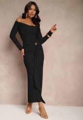 Czarna Marszczona Sukienka o Dopasowanym Kroju z Trenem i Rozcięciem Aluilea. Czarne sukienki damskie Renee, na co dzień, m, bez wzorów, eleganckie, bez kołnierzyka, bez ramiączek, maxi, dopasowane. W wyprzedaży za 111.99 zł.