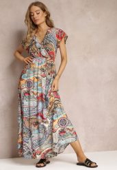 Jasnoniebiesko-Czerwona Sukienka z Kopertowym Dekoltem i Gumką w Talii z Wiskozy Haifa. Niebieskie sukienki damskie Renee, l, bez wzorów, z wiskozy, bez kołnierzyka, bez ramiączek, maxi, kopertowe. Za 89.99 zł.