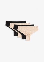 Figi brazylijskie ( 4 szt.). Czarne figi damskie bonprix, bez wzorów, z koronki. Za 64.99 zł.