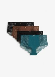 Figi panty z bawełną organiczną i koronką (4 pary). Czarne figi damskie bonprix, bez wzorów, z bawełny. Za 75.96 zł.