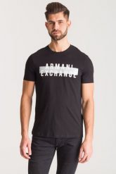 Czarny t-shirt Armani Exchange z nadrukiem. Czarne t-shirty męskie Armani Exchange, m, bez wzorów, bez kołnierzyka. W wyprzedaży za 51.80 zł.