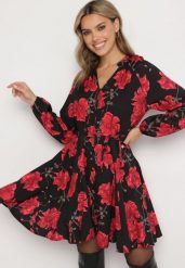 Czarno-Czerwona Rozkloszowana Sukienka w Kwiaty z Guzikami i Wiązaniem w Talii Morila. Czarne sukienki damskie Born2be, na co dzień, m, bez wzorów, z jeansu, eleganckie, bez kołnierzyka, bez ramiączek, mini, dopasowane. W wyprzedaży za 111.99 zł.
