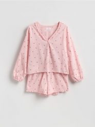 Dwuczęściowa piżama z nadrukiem - pastelowy róż. Czerwone piżamy damskie Reserved, l, bez wzorów, z bawełny, bez ramiączek. Za 139.99 zł.