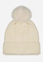 Jasnobeżowa Czapka w Warkoczowy Splot z Pomponem Vetisare. Brązowe czapki zimowe damskie Born2be, z dzianiny. Za 34.99 zł.
