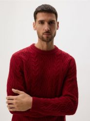 Wełniany sweter z warkoczowym splotem - czerwony. Czerwone swetry męskie Reserved, l, bez wzorów, z dzianiny, bez kołnierzyka. Za 239.99 zł.