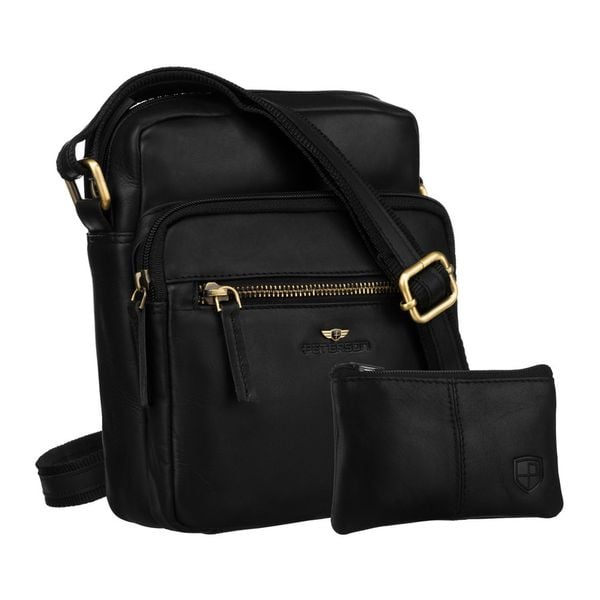 Skórzana torebka męska w czarnym kolorze zawieszona na pasku. W zestawie saszetka na klucze PTN 710E-OPU Peterson. Czarne saszetki męskie Peterson, ze skóry. Za 169.99 zł.