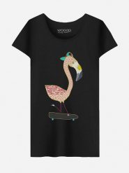 WOOOP Koszulka "Flamingo Skater" w kolorze czarnym rozmiar: L. Czarne bluzki damskie Wooop, l, bez wzorów, z bawełny, bez kołnierzyka. Za 69.91 zł.