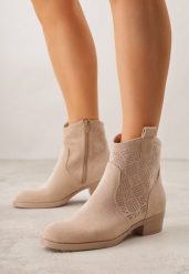 Ciemnobeżowe Botki Ażurowe na Obcasie w Stylu Kowbojek Lalona. Brązowe botki damskie Born2be, z dzianiny, bez obcasa, na obcasie, bez zapięcia. Za 129.99 zł.