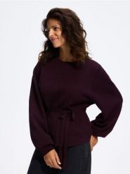 Sweter z ozdobnym wiązaniem - ciemnofioletowy. Fioletowe swetry klasyczne damskie Reserved, l, z dzianiny, bez kołnierzyka. Za 129.99 zł.