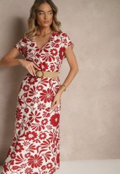 Czerwona Rozkloszowana Sukienka z Wiskozy z Paskiem z Klamrą Zarenele. Czerwone sukienki damskie Renee, na co dzień, na lato, l, bez wzorów, z jeansu, eleganckie, bez kołnierzyka, bez ramiączek, maxi, rozkloszowane. W wyprzedaży za 95.99 zł.