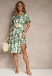 Ciemnozielona Sukienka Pudełkowa z Wiskozy w Kwiaty Aranolia. Zielone sukienki damskie Renee, na co dzień, xl, bez wzorów, z jeansu, eleganckie, bez kołnierzyka, bez ramiączek, midi, proste. Za 89.99 zł.