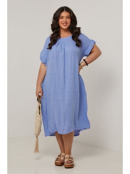 Curvy Lady Lniana sukienka w kolorze błękitnym rozmiar: 48/50. Niebieskie sukienki damskie Curvy Lady, na co dzień, bez wzorów, ze lnu, klasyczne, bez kołnierzyka, bez ramiączek, midi, proste. Za 130.50 zł.