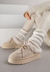 Beżowe Wsuwane Śniegowce w Rustykalnym Stylu z Kokardą i Futrem Tusora. Brązowe śniegowce damskie Born2be. Za 99.99 zł.