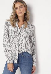 Biała Wiskozowa Koszula w Modny Print z Długim Rękawem Mustacie. Białe koszule damskie Born2be, l, bez wzorów, z wiskozy, klasyczne, bez kołnierzyka, bez ramiączek. Za 49.99 zł.