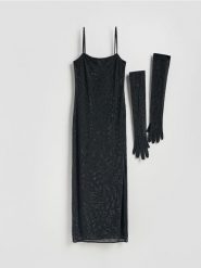 Sukienka tuba z rękawiczkami - czarny. Czarne sukienki damskie Reserved, l, bez wzorów, z dzianiny, bez kołnierzyka, bez ramiączek, maxi, dopasowane. Za 359.99 zł.