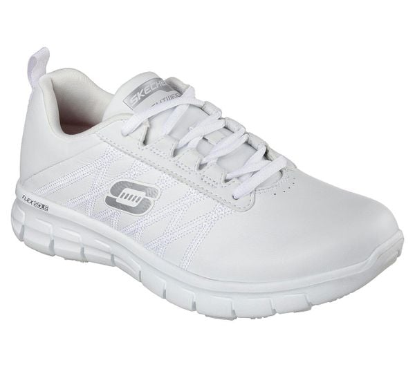 Buty sportowe Sneakersy damskie, Skechers Sure Track-Erath. Białe buty sportowe na co dzień damskie Skechers, bez wzorów, z materiału, trekkingowe. Za 339.99 zł.