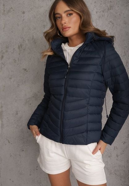 Granatowa Przejściowa Kurtka Pikowana z Kapturem z Możliwością Odpięcia Pretiga. Niebieskie kurtki damskie Renee, l, bez wzorów, z jeansu, z kapturem. Za 109.99 zł.