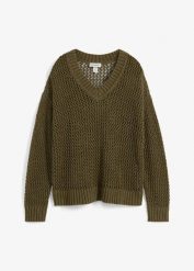 Sweter ażurowy z lekkiej mieszanki lnu. Zielone swetry klasyczne damskie bonprix, bez kołnierzyka. Za 69.99 zł.