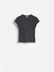 T-shirt slim fit - ciemnoszary. Szare t-shirty damskie Reserved, l, bez wzorów, z bawełny, bez kołnierzyka. Za 25.99 zł.