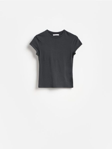 T-shirt slim fit - ciemnoszary. Szare t-shirty damskie Reserved, l, bez wzorów, z bawełny, bez kołnierzyka. Za 25.99 zł.