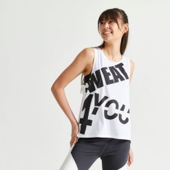 Koszulka fitness damska Domyos bez rękawów. Białe bluzki sportowe damskie DOMYOS, l, z materiału, bez kołnierzyka, bez ramiączek. Za 39.99 zł.