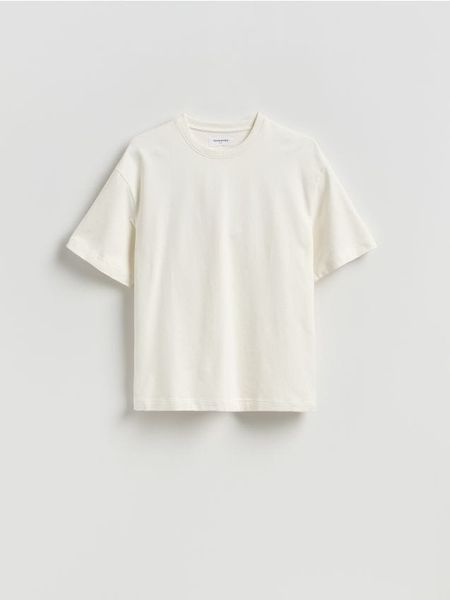 Bawełniany t-shirt boxy - złamana biel. T-shirty męskie Reserved, l, bez wzorów, z bawełny, bez kołnierzyka. Za 79.99 zł.