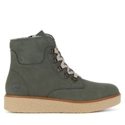 Botki Rieker. Zielone botki damskie Rieker, bez obcasa, na płaskiej podeszwie, bez zapięcia. Za 351.99 zł.