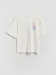 T-shirt z nadrukiem Inside Out - złamana biel. Koszulki dziewczęce Reserved, bez wzorów, z bawełny, bez ramiączek. Za 39.99 zł.