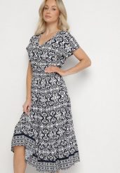 Granatowa Bawełniana Sukienka Rozkloszowana we Wzór Paisley Lanadira. Niebieskie sukienki damskie Born2be, l, bez wzorów, z bawełny, boho, bez kołnierzyka, bez ramiączek, midi, rozkloszowane. W wyprzedaży za 51.99 zł.