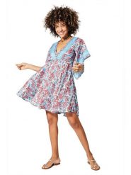 Aller Simplement Sukienka w kolorze błękitno-czerwonym rozmiar: 38/40. Niebieskie sukienki damskie Aller Simplement, bez wzorów, z wiskozy, bez kołnierzyka, bez ramiączek, mini. Za 61.60 zł.