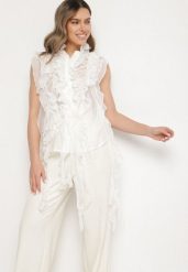 Biała Koszula z Ozdobnymi Falbanami Adoria. Białe koszule damskie Born2be, na lato, m, bez wzorów, eleganckie, bez kołnierzyka, bez ramiączek. Za 139.99 zł.