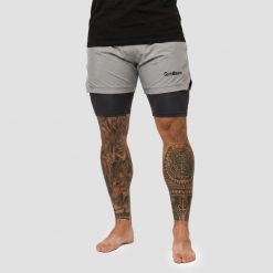 Szorty męskie fitness 2w1 z kieszeniami Iron Smoke. Szare szorty męskie GYMBEAM, l, z elastanu, na fitness i siłownię. Za 85.90 zł.