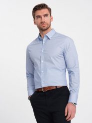 Koszula męska bawełniana w mikro wzór REGULAR FIT - jasnoniebieska V2 OM-SHCS-0152 - S. Niebieskie koszule męskie Ombre Clothing, m, bez wzorów, z bawełny, bez kołnierzyka, bez ramiączek. W wyprzedaży za 69.99 zł.