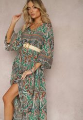 Zielona Rozkloszowana Sukienka we Wzór Paisley z Rękawem 3/4 Briarwa. Zielone sukienki damskie Renee, l, bez wzorów, eleganckie, bez kołnierzyka, bez ramiączek, maxi, rozkloszowane. W wyprzedaży za 79.99 zł.
