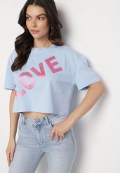 Niebieski Bawełniany T-shirt Oversize o Krótkim Kroju z Napisem Sannelia. Niebieskie t-shirty damskie Born2be, m, bez wzorów, z bawełny, bez kołnierzyka. Za 34.99 zł.
