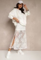 Biała Koronkowa Spódnica o Rozkloszowanym Kroju z Rozcięciem Zarlaura. Białe spódniczki damskie Renee, m, z aplikacjami, z koronki, eleganckie, midi, rozkloszowane. Za 89.99 zł.