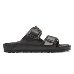 Klapki damskie Birkenstock Arizona. Czarne klapki damskie Birkenstock, bez wzorów, z materiału, bez obcasa. Za 338.00 zł.