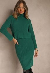 Zielony 2-częściowy Komplet z Wełną Sweter i Sukienka Midi Laninel. Zielone swetry klasyczne damskie Renee, uniwersalny, z wełny, bez kołnierzyka. Za 119.99 zł.