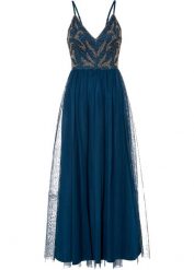 Sukienka na ramiączkach z aplikacją z perełek. Niebieskie sukienki damskie bonprix, z aplikacjami, z tiulu, eleganckie, bez kołnierzyka, bez ramiączek. Za 279.99 zł.