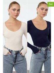 Trendyol Koszulki (2 szt.) w kolorze kremowym i granatowym rozmiar: L. Brązowe t-shirty damskie Trendyol, l, bez wzorów, bez kołnierzyka. Za 87.81 zł.