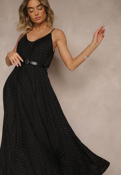 Czarna Wiskozowa Sukienka o Rozkloszowanym Kroju Ozdobiona Cyrkoniami Tosnaria. Czarne sukienki damskie Renee, l, bez wzorów, z wiskozy, eleganckie, bez kołnierzyka, bez ramiączek, maxi, rozkloszowane. Za 89.99 zł.