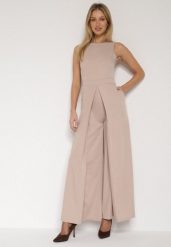 Beżowy Elegancki Kombinezon z Ozdobnymi Zakładkami Zellysha. Brązowe kombinezony damskie Born2be, s, z aplikacjami, eleganckie, bez kołnierzyka, bez ramiączek. Za 149.99 zł.