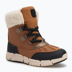 Śniegowce dziecięce Geox Flexyper ABX. Brązowe buty zimowe męskie Geox, na zimę, z gumy, przed kolano, bez zapięcia. Za 229.99 zł.