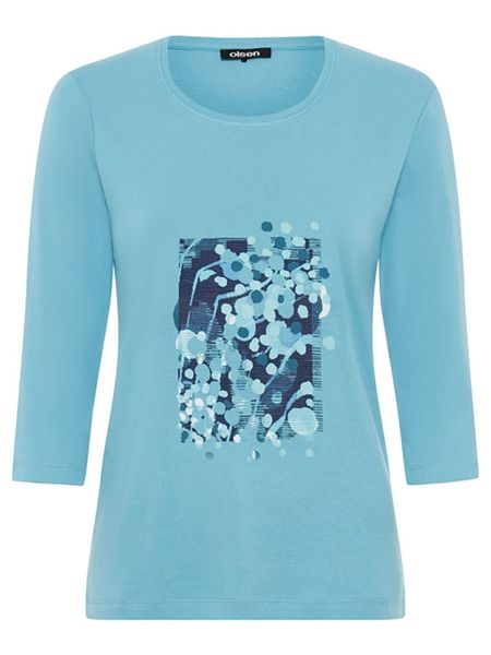 Olsen Koszulka w kolorze niebieskim rozmiar: 44. Niebieskie bluzki damskie Olsen, bez wzorów, z bawełny, bez kołnierzyka, bez ramiączek. Za 39.99 zł.