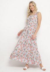 Jasnoniebieska Rozkloszowana Sukienka Bawełniana w Kwiatowy Print z Guzikami Jamallia. Niebieskie sukienki damskie Born2be, na co dzień, l, bez wzorów, z bawełny, klasyczne, bez kołnierzyka, bez ramiączek, maxi, proste. W wyprzedaży za 71.99 zł.