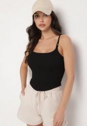 Czarny Top na Regulowanych Ramiączkach Deviosa. Czarne topy damskie Born2be, bez wzorów, z materiału, bez kołnierzyka. Za 34.99 zł.