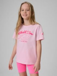 4F T-shirt regular z nadrukiem dziewczęcy - różowy 128 (7-8 lat). Czerwone koszulki dziewczęce 4f, bez wzorów, z bawełny, bez ramiączek. Za 39.99 zł.