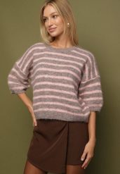 Brązowy Sweter z Wełną i Bufiastymi Rękawami w Paski Kaonne. Brązowe swetry klasyczne damskie Born2be, z jeansu, bez kołnierzyka. Za 139.99 zł.
